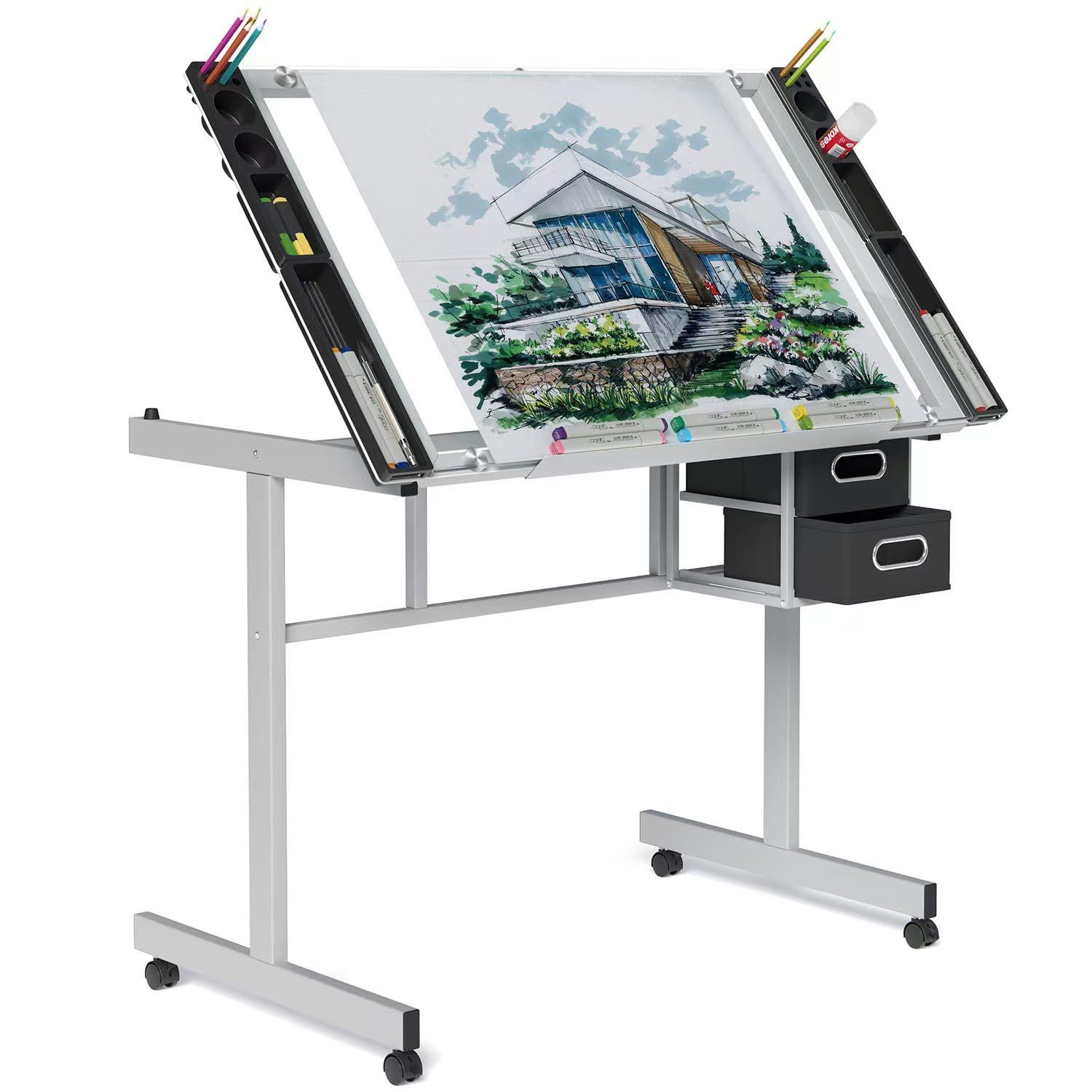 Art Craft Table - Adjustable Drafting Table with Glass Top,
